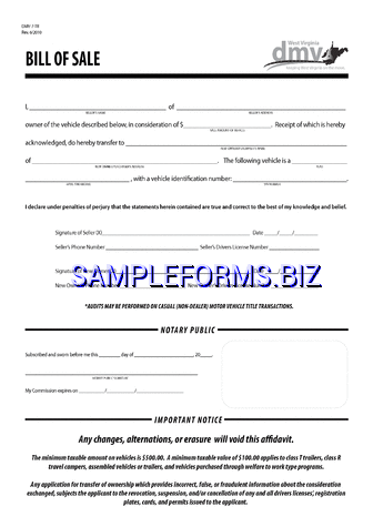 West Virginia Motor Vehicle Bill of Sale Form pdf free